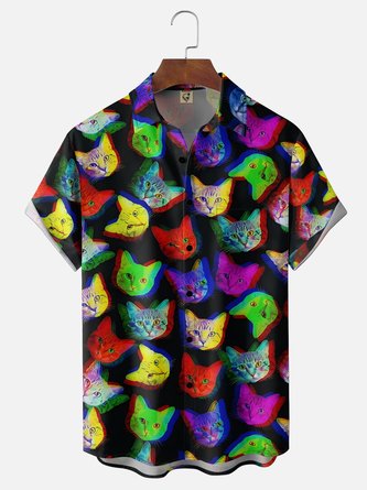 Moisture Wicking Neon Cat Chest Pocket Hawaiian Shirt