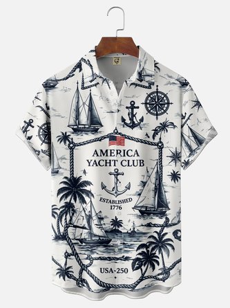 Moisture Wicking Independence Day 250th Anniversary US Flag Compass Yacht Coconut Tree Chest Pocket Hawaiian Shirt