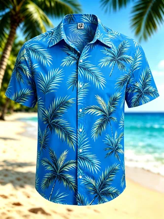Moisture Wicking Tropical Palm Leaf Gradient Chest Pocket Hawaiian Shirt