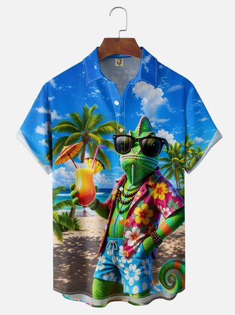 Moisture Wicking Gradient Lizard Cocktail Coconut Tree Chest Pocket Hawaiian Shirt