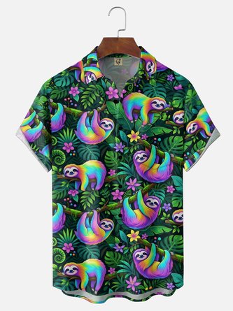 Moisture Wicking Neon Tropical Leaf & Floral Sloth Print Chest Pocket Hawaiian Shirt