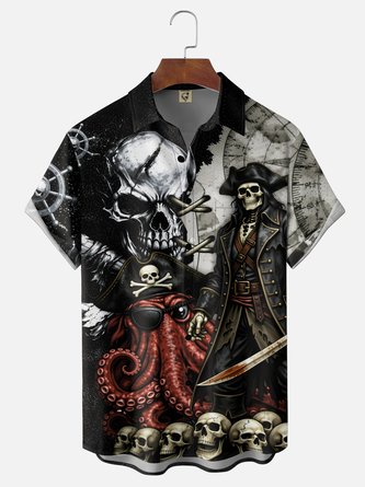 Moisture Wicking Gradient Pirate Octopus & Skull Chest Pocket Hawaiian Shirt