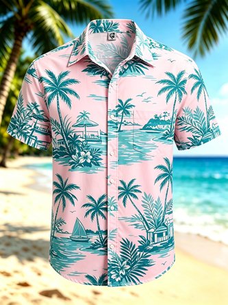 Moisture Wicking Tropical Plants Leaves Flowers Coconut Trees Sailboats Chest Pocket Hawaiian Shirt