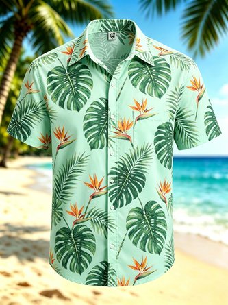 Moisture Wicking Tropical Plant Palm Leaf Bird Paradise Gradient Chest Pocket Hawaiian Shirt