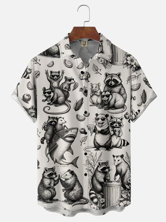Moisture Wicking Gradient Line Art Design Raccoon Shark Watermelon Chest Pocket Hawaiian Shirt