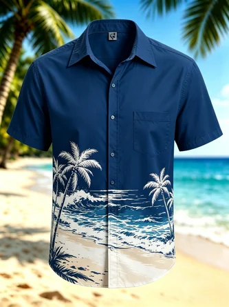 Moisture Wicking Tropical Plant & Coconut Tree Gradient Chest Pocket Hawaiian Shirt