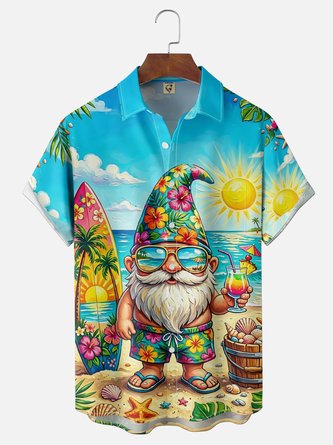Moisture Wicking Tropical Beach Surfing Gnome Holiday Chest Pocket Hawaiian Shirt