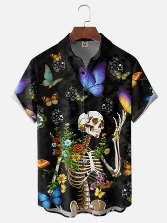 Moisture Wicking Gradient Rock Punk Skull & Floral Chest Pocket Hawaiian Shirt