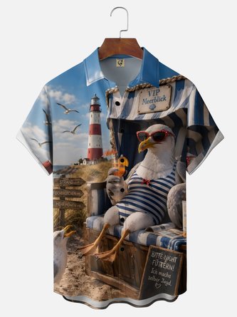 Moisture Wicking Fun Seagull Beach Breathable Chest Pocket Holiday Hawaiian Shirt
