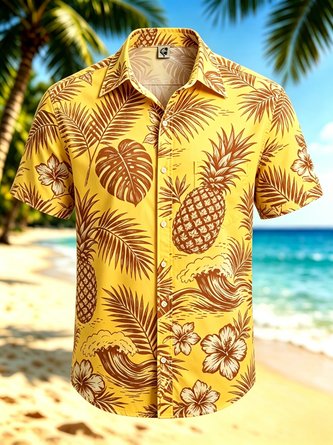 Moisture Wicking Gradient Tropical Pineapple Leaf & Hibiscus Print Chest Pocket Hawaiian Shirt