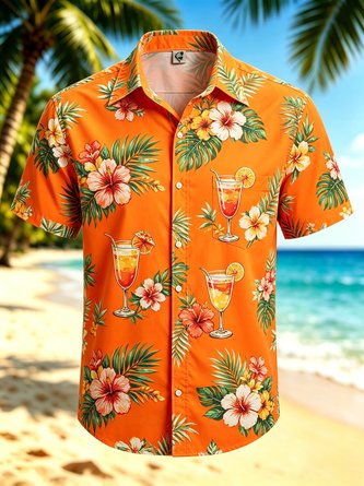 Moisture Wicking Tropical Leaf & Floral Gradient Chest Pocket Hawaiian Shirt
