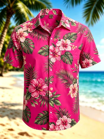 Moisture Wicking Tropical Hibiscus & Leaf Gradient Print Chest Pocket Hawaiian Shirt