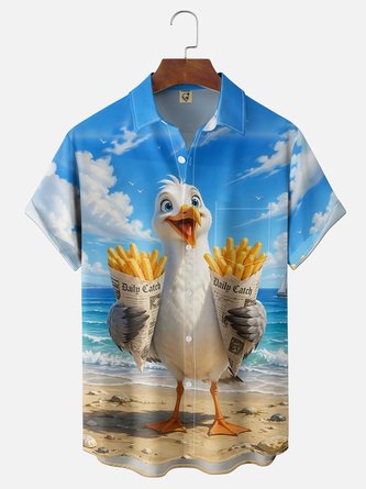 Moisture Wicking Beach Fries Graphic Seagull Holiday Chest Pocket Hawaiian Shirt