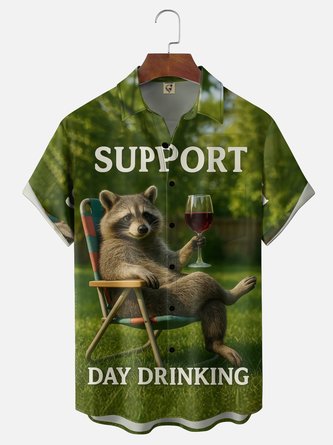 Moisture Wickng Fun Day Drinking Raccoon Chest Pocket Holiday Hawaiian Shirt