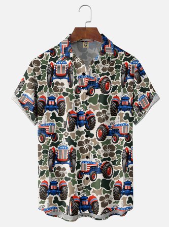 Moisture Wicking Independence Day US Flag & Floral Camo Chest Pocket Hawaiian Shirt