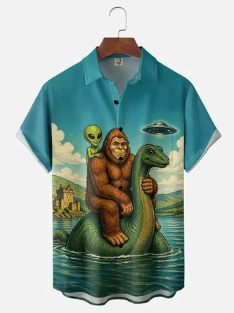 Moisture Wicking Fun Loch Ness Monster Bigfoot Alien Print Chest Pocket Holiday Hawaiian Shirt