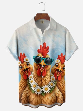 Moisture Wicking Fun Chicken Holiday Chest Pocket Hawaiian Shirt
