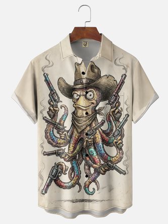 Moisture Wicking Western Octopus Gunfighter Novelty Chest Pocket Hawaiian Shirt
