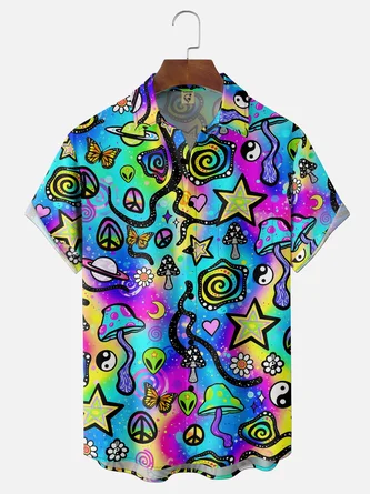 Moisture Wicking Psychedelic Hippie Swirls Neon Mushrooms Alien Love & Peace Chest Pocket Hawaiian Shirt