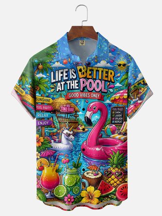 Moisture Wicking Flamingo Cocktail Poolside Vacation Style Chest Pocket Hawaiian Shirt