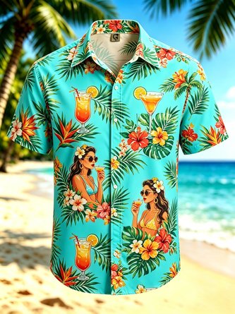 Moisture Wicking Gradient Tropical Floral & Leaf Print Cocktail & Retro Pin up Chest Pocket Hawaiian Shirt