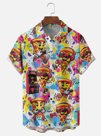 Moisture Wicking Gradient Pizza Character Music Game Console Geometric Print Chest Pocket Hawaiian Shirt