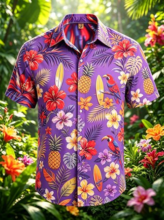 Moisture Wicking Tropical Hibiscus Leaf Parrot Gradient Chest Pocket Hawaiian Shirt