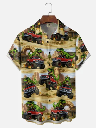 Moisture Wicking Gradient Dinosaur & Off Road Vehicle Chest Pocket Hawaiian Shirt