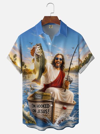 Moisture Wicking Jesus Fishing Monster Truck Beach Vacation Chest Pocket Holiday Hawaiian Shirt