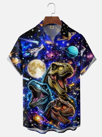 Moisture Wicking Gradient Spacecraft & Dinosaur Print Chest Pocket Hawaiian Shirt