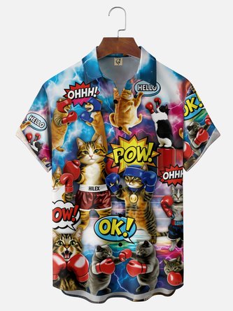 Moisture Wicking Gradient Boxing Cat Match Chest Pocket Hawaiian Shirt