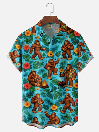 Moisture Wicking Gradient Guitar Leaf Floral Bigfoot Or BBQ Prints Chest Pocket Hawaiian Shirt
