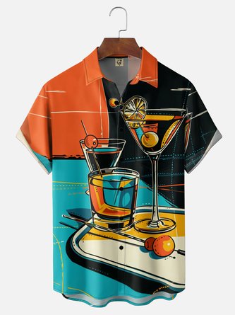 Moisture Wicking Artistic Cocktail Print Chest Pocket Holiday Hawaiian Shirt