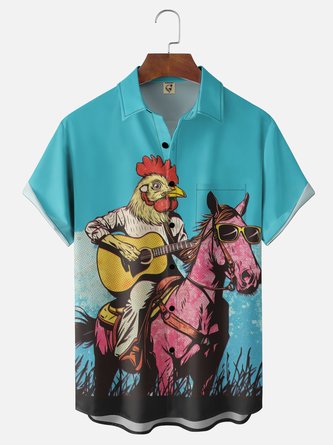Moisture Wicking Guitar Playing Chicken Riding Horse Chest Pocket Holiday Hawaiian Shirt