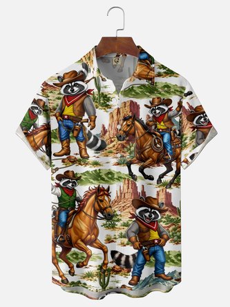 Moisture Wicking Gradient Western Cowboy Raccoon Horse Cactus Print Chest Pocket Hawaiian Shirt
