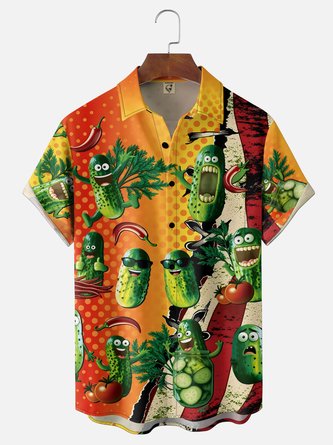 Moisture Wicking Gradient Polka Dot Cucumber & Tomato Character Chest Pocket Hawaiian Shirt