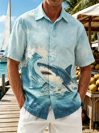 Linen Texture Wave & Shark Holiday Chest Pocket Hawaiian Shirt