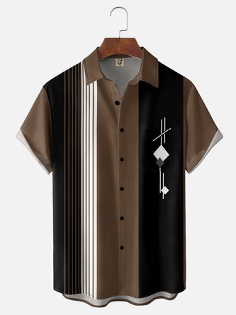 Moisture Wicking Geometric Stripe Chest Pocket Casual Bowling Shirt
