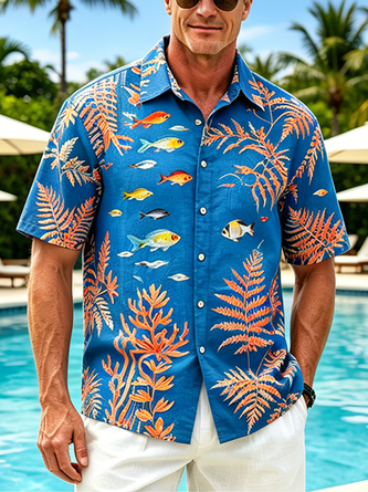Linen Texture Tropical Floral & Marine Life Chest Pocket Holiday Hawaiian Shirt