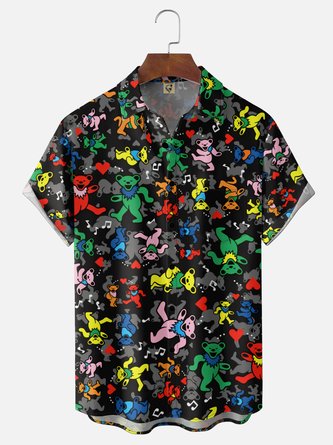 Moisture Wicking Gradient Fun Dancing Bear & Musical Note Chest Pocket Hawaiian Shirt