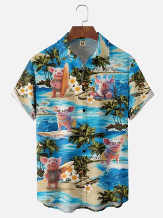 Moisture Wicking Gradient Coconut Tree & Beach Surfboard Print Chest Pocket Hawaiian Shirt
