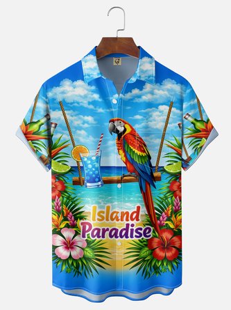 Moisture Wicking Tropical Floral & Parrot Print Chest Pocket Holiday Hawaiian Shirt
