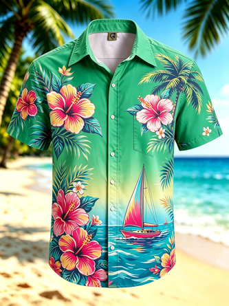 Moisture Wicking Gradient Tropical Floral & Sailboat Print Chest Pocket Hawaiian Shirt