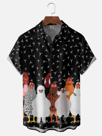 Moisture Wicking Fun Chicken Print Holiday Chest Pocket Hawaiian Shirt