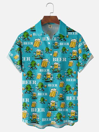 Moisture Wicking Beer Guy & Skateboard Print Chest Pocket Hawaiian Shirt