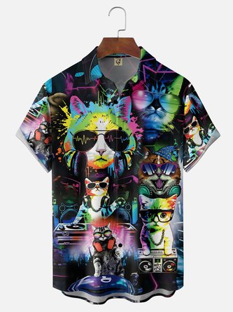 Moisture Wicking Gradient Rock Punk DJ Cat & Radio Chest Pocket Hawaiian Shirt