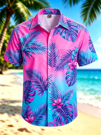 Moisture Wicking Neon Tropical Leaf Print Chest Pocket Hawaiian Shirt