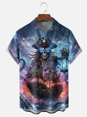 Moisture Wicking Octopus Pirate Ship Chest Pocket Hawaiian Holiday Shirt