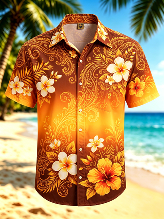 Moisture Wicking Gradient Floral & Geometric Print Chest Pocket Hawaiian Shirt