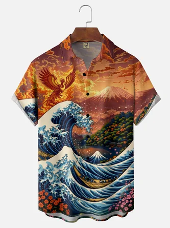 Moisture Wicking Ukiyo e Wave Print Chest Pocket Hawaiian Shirt